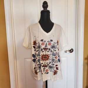 Kyla Seo Comfort Cream Embroidered Boxy VNeck Tee Shirt Womens SMALL Boho